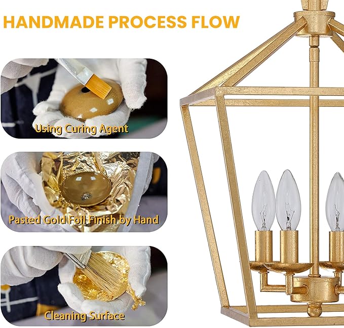 Untrammelife 4-Light Gold Lantern Pendant Light, Adjustable Height Metal Geometric Light Fixture 12’’ Classic Cage Lantern Chandelier for Kitchen Island Hallway, Hand-Pasted Gold Foil Finish