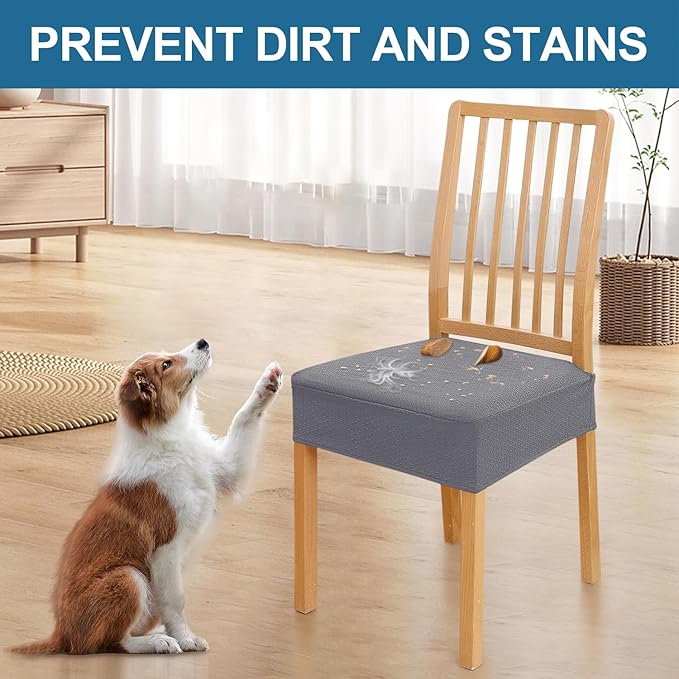 Smiry Waterproof Seat Covers for Dining Room Chairs Set of 8, Stretch Jacquard Removable Washable Chair Seat Slipcovers Protector, No Rear Covers, Grey