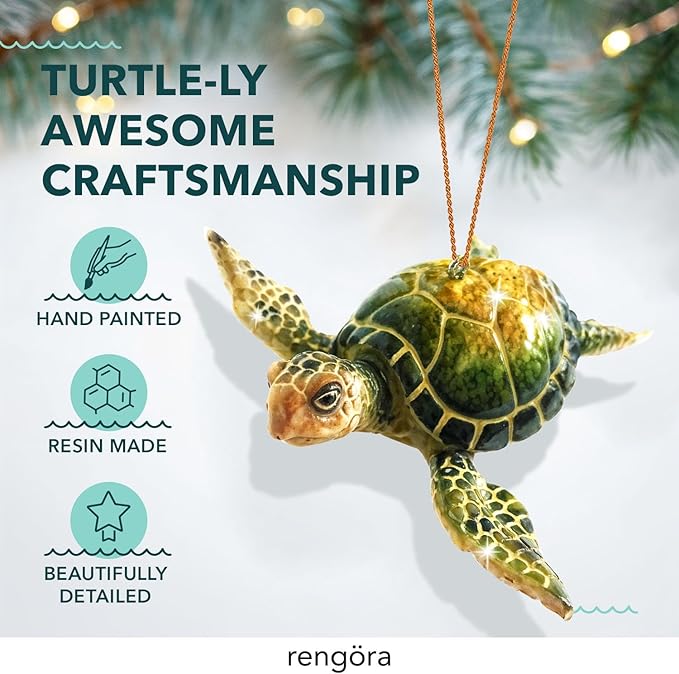 Christmas Ornaments - Home Decor - Unique Nautical Christmas Ornament Hand-painted Green Sea Turtle - Best for Tree Hanging, Bathroom Decorations, Stocking Stuffers, Scuba Lovers and Ocean Enthusiasts