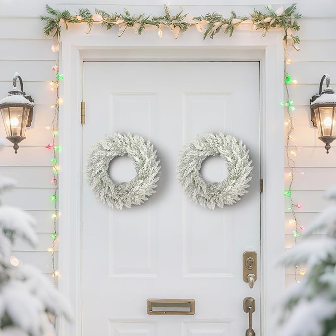 JIFTOK 2 Pack Christmas Ornaments Artificial Christmas Wreath 15.75 Inch, Frosted Christmas Green Pine Wreaths for Front Door, Indoor Outdoor Holiday Decor for Home, Mantel Christmas Decorations