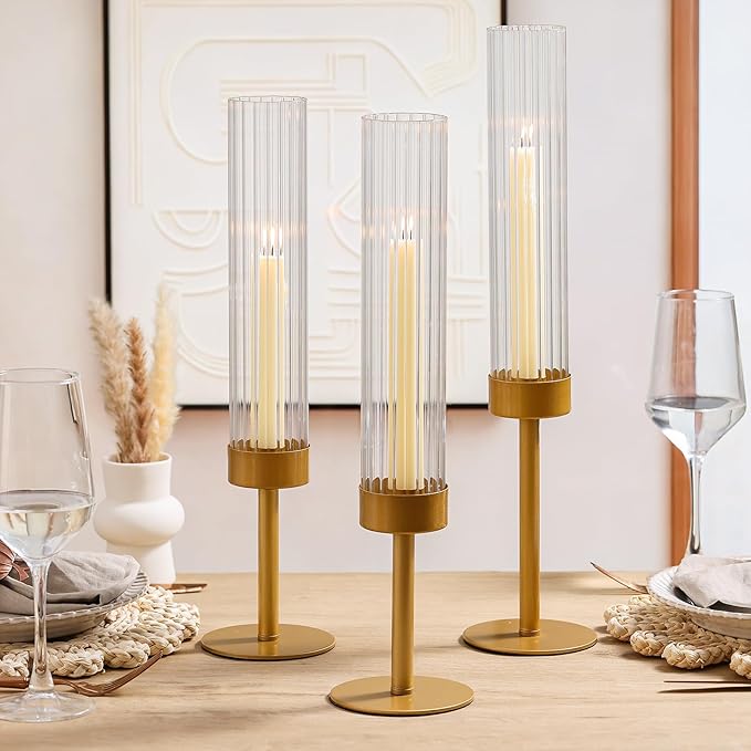 Volens Hurricane Glass Candle Holders Gold: Set of 6 Taper Candle Holders with Ribbed Cylinder 11'' Tall Windproof Chimney Cover for Outdoor/Indoor Table Centerpiece Wedding Party Home Decor