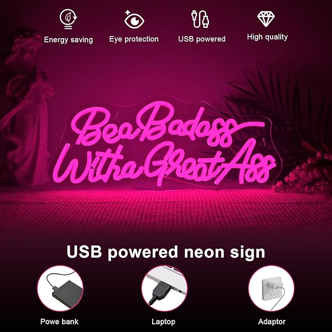 Lucunstar Be a Badass with a Goodass Neon Sign Pink Powered Led Light USB Connectivity Led Neon Light with Dimming Switch for Home Wall Decor Girls Room Decor Party Room Decor