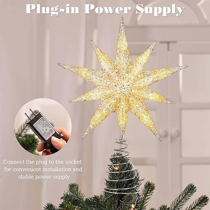 Lewondr Christmas Tree Topper Star, 13inch 10-Point Light Up Xmas Star Treetop with Plug and Remote Control for Home Christmas Decoration, 6H Timer & 8 Lighting Modes, Warm Light, Silver