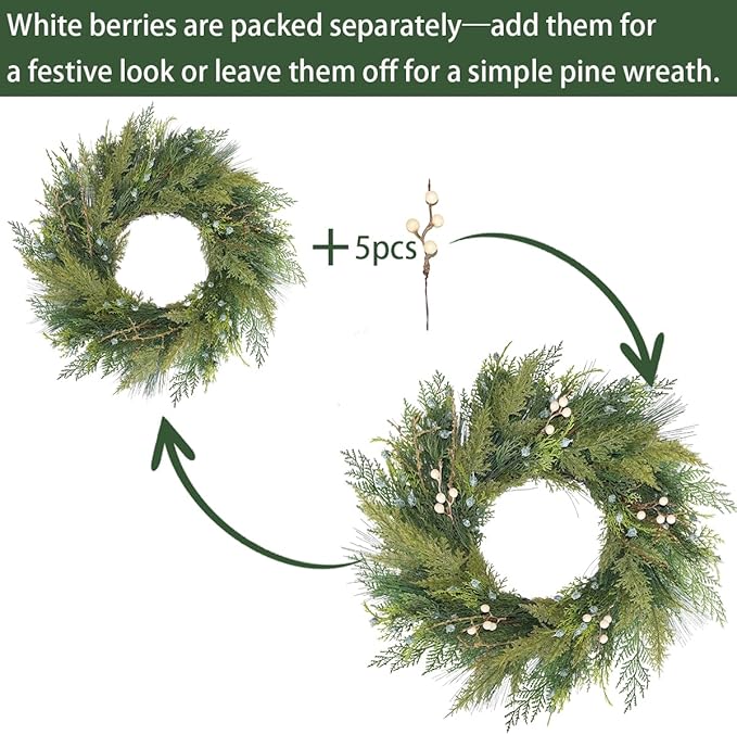 20” Green Faux Pine Christmas Winter Wreath with Cypress Cone, Twig & White Berry – Mixed with Real Look Fake Cedar & Spruce, Xmas Wreaths for Front Door Porch Mantel & Fireplace