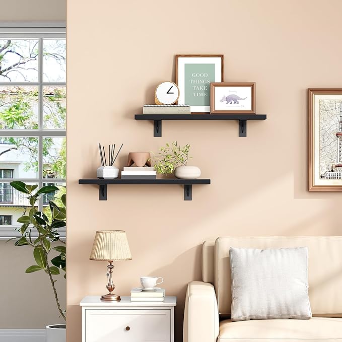 HOOBRO Floating Shelves for Wall, 15.4" Wall Mounted Shelves Set of 2, Hanging Storage Shelf with Metal Brackets, Wooden Shelf for Living Room, Bedroom, Bathroom, Black BK42BJP201G1