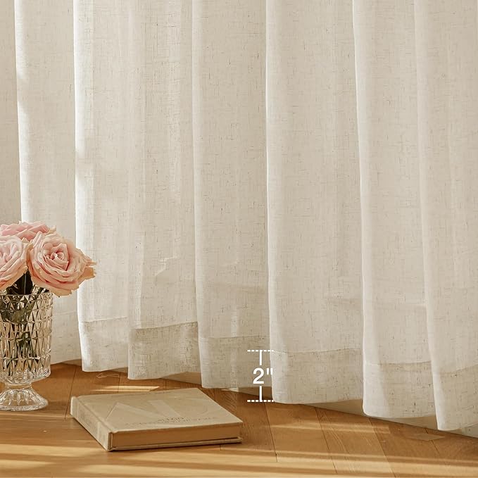 Anmao Natural Linen Curtains for Living Room 90 Inch Length 2 Panels Set, Light Filtering Semi Sheer Window Curtain Drapes for Bedroom with Curtain Rings and Clips, 52 Inch Wide Each Panel, Ecru
