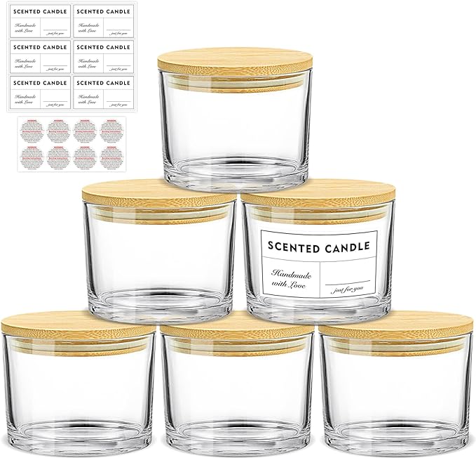 16oz Candle Jars 6 Pack - 3 Wick Large Empty Clear Glass Candle Making Vessels with Bamboo Lids, with Stickers and Labels, Bulk Candle Jars for Making Candles Containers - Dishwasher Safe