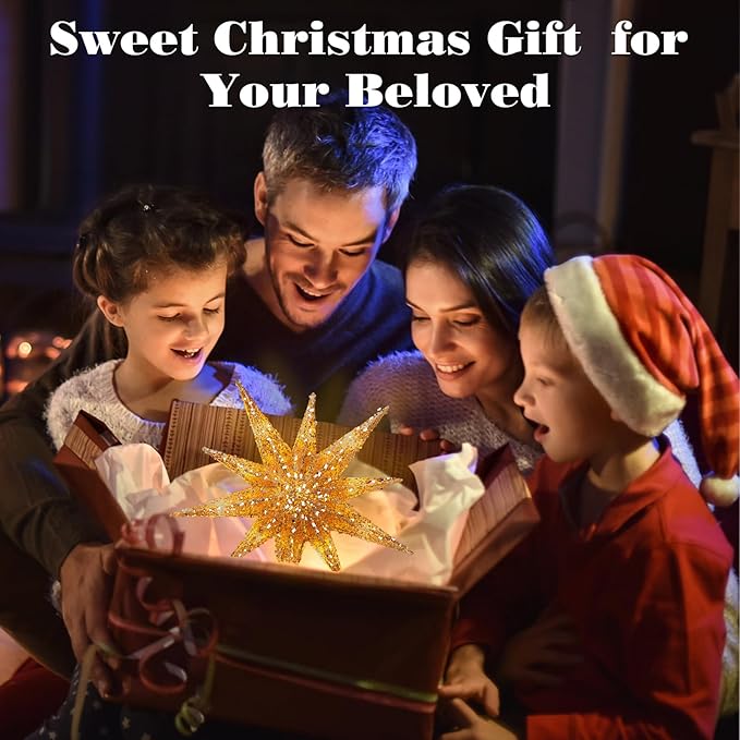 Lewondr Christmas Tree Topper Star, 13 Inch 10-Pointed Light Up Xmas Star Treetop with Plug and Remote Control for Home Christmas Decoration, 6H Timer & 8 Lighting Modes, Warm Light, Gold