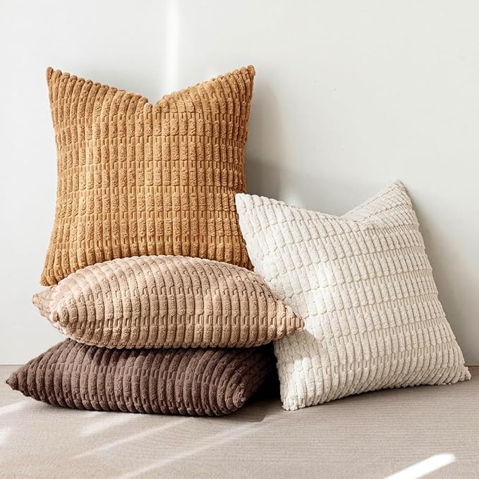 MIULEE Pack of 4 Neutral Corduroy Decorative Throw Pillow Covers 20x20 Inch for Sofa Living Room Couch Bed Rustic Farmhouse Boho Soft Striped Pillow Covers Home Decor Brown