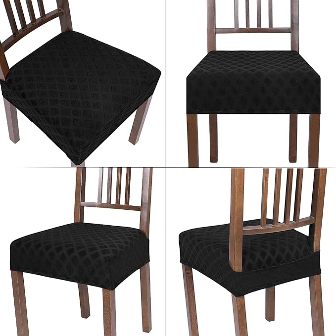 SearchI Stretch Dining Chair Seat Covers Set of 4, Soft Removable Washable Seat Covers for Dining Chairs, Dining Room Seat Cover Slipcover Protector (Rear-Covered, Black Diamond Jacquard)