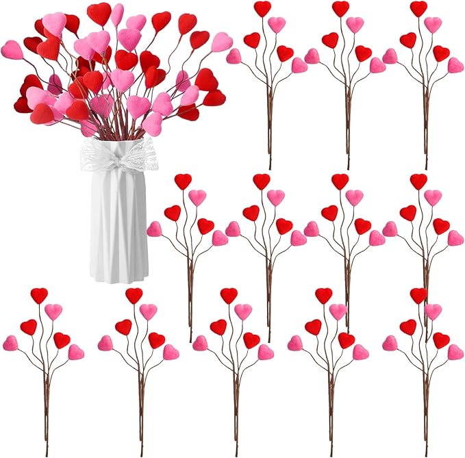 12pcs Valentine's Day Decoration Heart Shaped Artificial Berry Stems Valentines Picks Flower Bouquets Flocked Pink Red Decor for Valentine's Day Home Vase Table Centerpiece Tree Topper