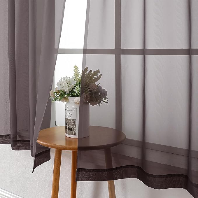 Lecloud Chocolate Sheer Curtains 36 Inch Length 2 Panels, Solid Voile Small Window Kitchen Curtains, Dual Rod Pocket Airy Gauzy Tiers for Bedroom, Each Panel 42 X 36 Inch