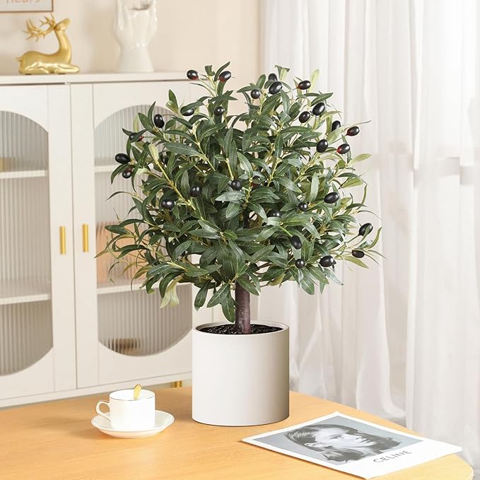 25.5” Tall Artificial Topiary Ball Olive Tree with Leaves and Fruits, Olive Boxwood Topiary Ball Potted Bushes UV Resistant Potted Plants for Garden Indoor Outdoor Home Decor