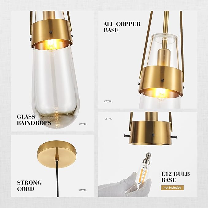 Raindrop Pendant Light Fixtures Set of 2, Brass Glass Pendant Lighting, Teardrops Gold Hanging Light Clear Solid Glass Pendant Light Modern Chandeliers for Dining Room Porch Living Room