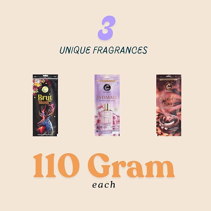 Hashcart Natural Incense Sticks Gift Set of 3 Includes 200+ Sticks Each of Fragrances Brut Musk, Intimate, Oudh Glory Scent, 110g Each Pack with 1 Assorted Incense Stick Holder