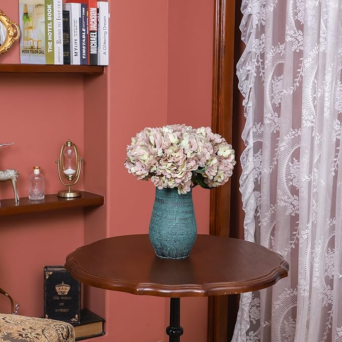 Kimura's Cabin 6pcs Fake Hydrangea Flowers Vintage Artificial Silk Hydrangea Bouquets with Stems Faux Hydrangeas for Wedding Party Home Table Core Decoration (Green Purple, Pack of 6)