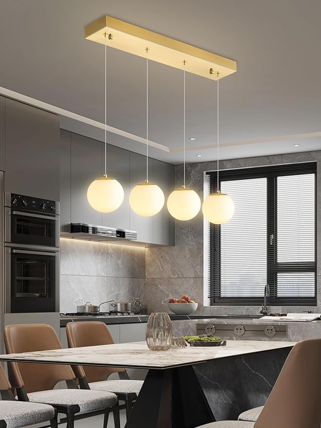 4-Light White Globe Glass Pendant Light Modern Gold Chandelier White Glass Globe Chandelier for Dining Room Kitchen Island Foyer Hallway
