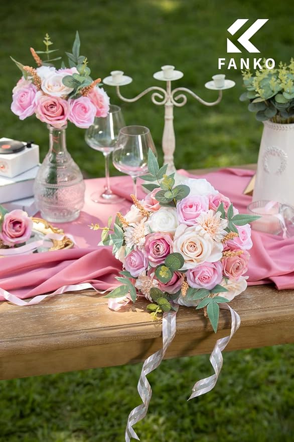 FANKO Rose Artificial Flowers Combo for DIY, Fake Pink Rose Silk Flowers Greenery, Faux Flowers for Wedding Bridal Bouquet, Baby Shower, Table Centerpieces, Floral Arrangement, Party Home Decoration