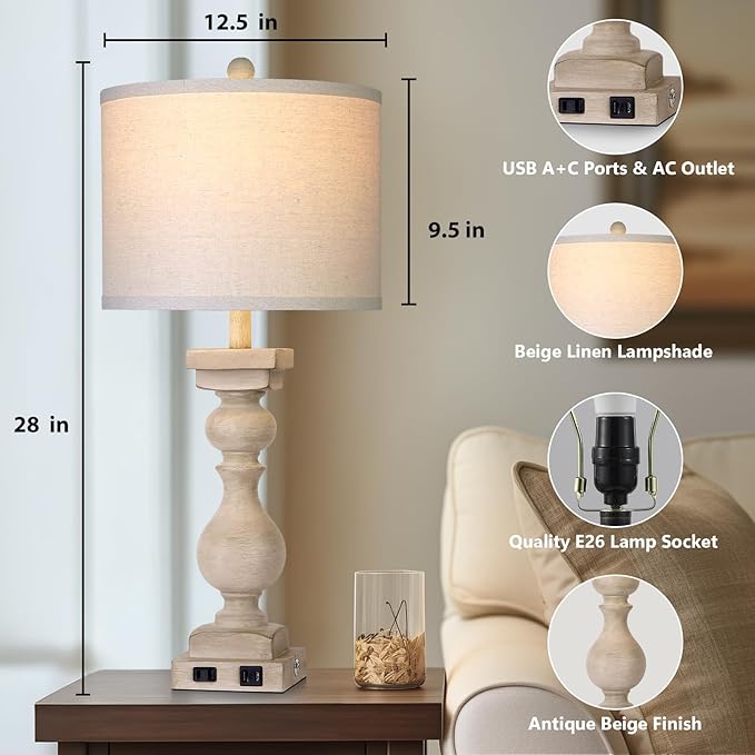 28" Tall Farmhouse Table Lamps Set of 2 with USB C+A Ports and AC Outlet, 3 Way Touch Tall Rustic Bedside Lamps for Living Room, Beige Vintage Lamps for Bedroom