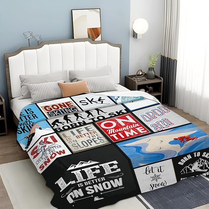 Tijuboni Ski Throw Blanket Skiing Gifts for Girls Boys Women Men Kids Adults Soft Flannel Fleece Blanket for Couch Sofa Bed Home Decor 50"x60"