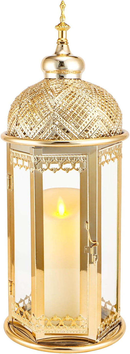 TRIROCKS Moroccan Candle Lantern 15'' Gold Hexagonal Candle Holder with Tempered Glass Decorative Indoor Outdoor Ramadan Lantern for Living Room Garden Yard Patio Parties Events (Gold)
