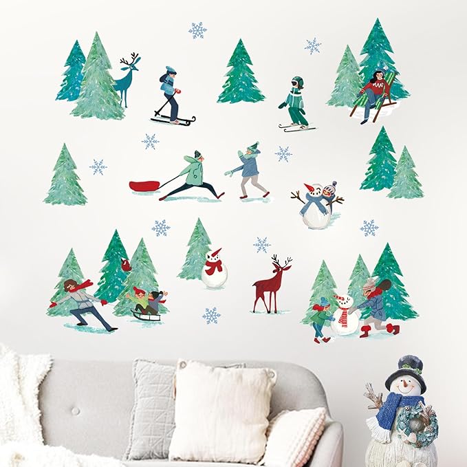 Mfault Winter Skiing Sports Wall Decals Stickers, Pine Tree Skier Snowman Reindeer Snowflake Decorations Bedroom Art, Christmas Seasonal Home Living Room Kitchen Decor