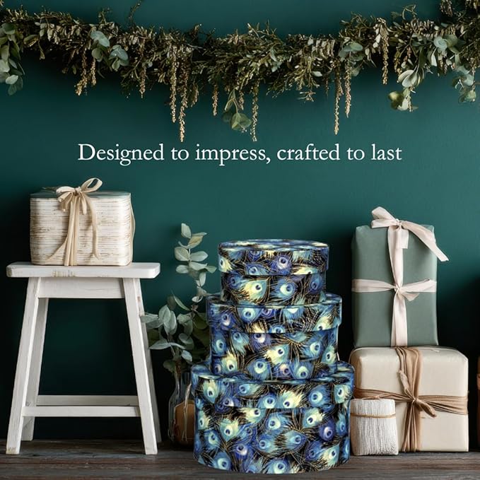 Sarah's Hat Boxes – Peacock Feathers Decorative Gift Box Set of 3 | Elegant Reusable Storage Boxes for Gifts, Keepsakes, Jewelry, or Special Items | Unique Printed Design
