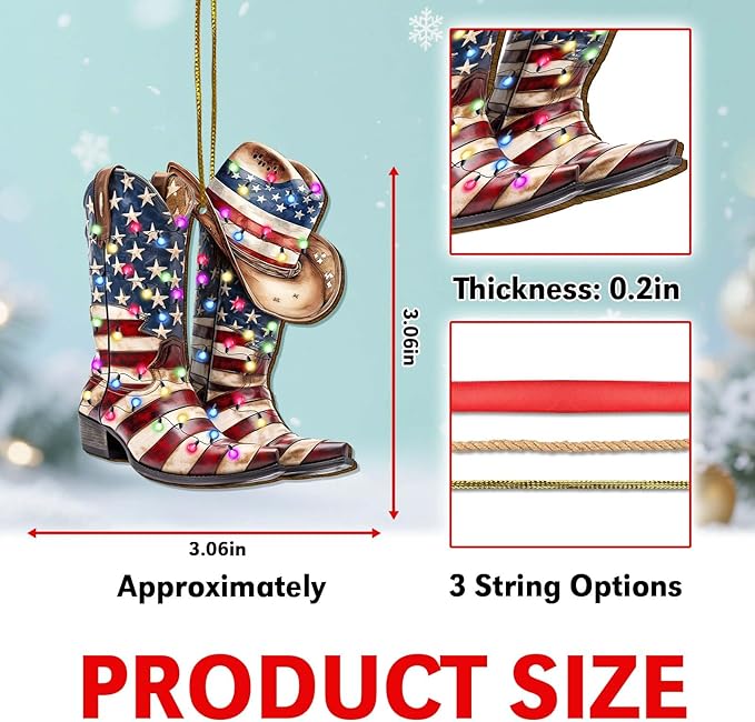 Cowboy Boot Christmas Tree Keepsake Ornaments, American Flag Themed 2 Side Printed Flat Wooden Ornament, Xmas Hanging Decor