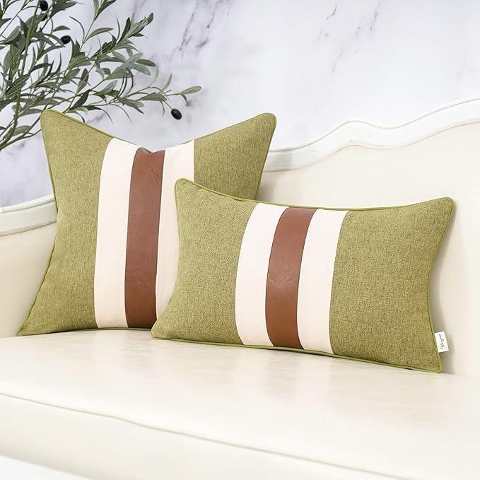 Yangest Patchwork Pillow Cover 20x20 Inch Luxury Cotton and Linen Cushion Cover Faux Leather Pillowcover for Couch Bedroom Living Room, Green