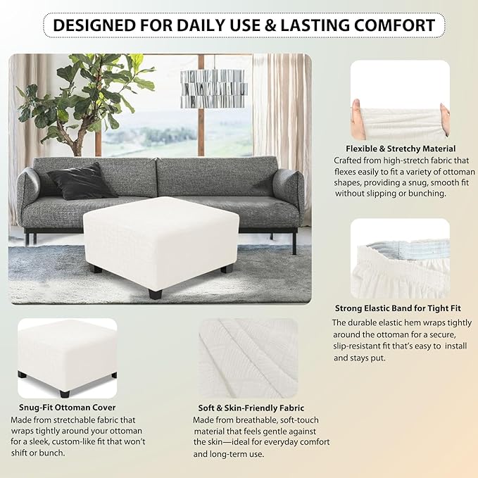 Square Ottoman Cover,Soft Stretch Jacquard Slipcover with Dual Waterproof Layers,Washable Furniture Protector for Pets,Medium,Beige