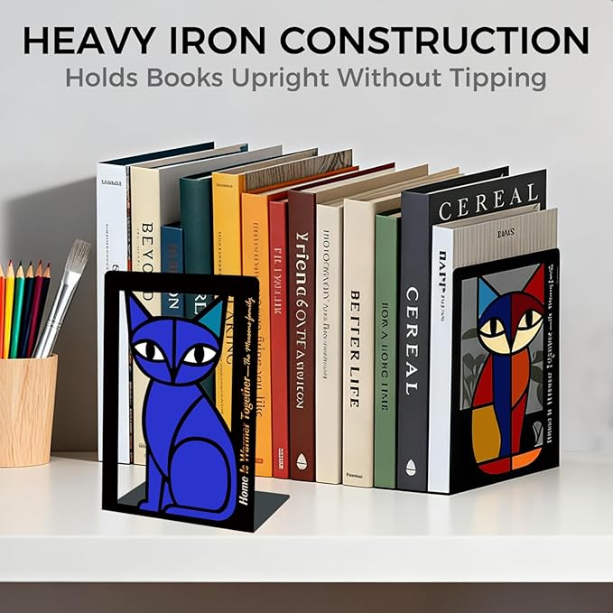 Metal Cat Bookends Set of 2 – Decorative Cat Metal Book Ends for Shelves, The Mewsons Family Collection, Modern Cat Bookends for Living Room, Office & Bedroom