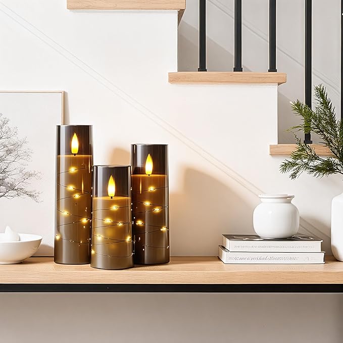 Raycare Flameless Candle with Remote Timer, 3 Flickering Acrylic Battery Operated LED Pillar Candles with Embedded Star String for Christmas, Home Decor, and as a Gift(Grey)