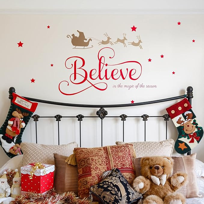 Outus Christmas Decal Stickers New Year Happy Believe Quotes Wall Decals Reindeer Tree Vinyl Art Decor Removable Modern for Party Supplies Home Window