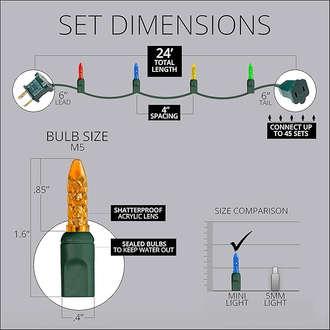 M5 LED Mini Ice Multicolor Prelamped Light Set, Green Wire - 70 M5 Multi Color LED Christmas Lights, 4" Spacing
