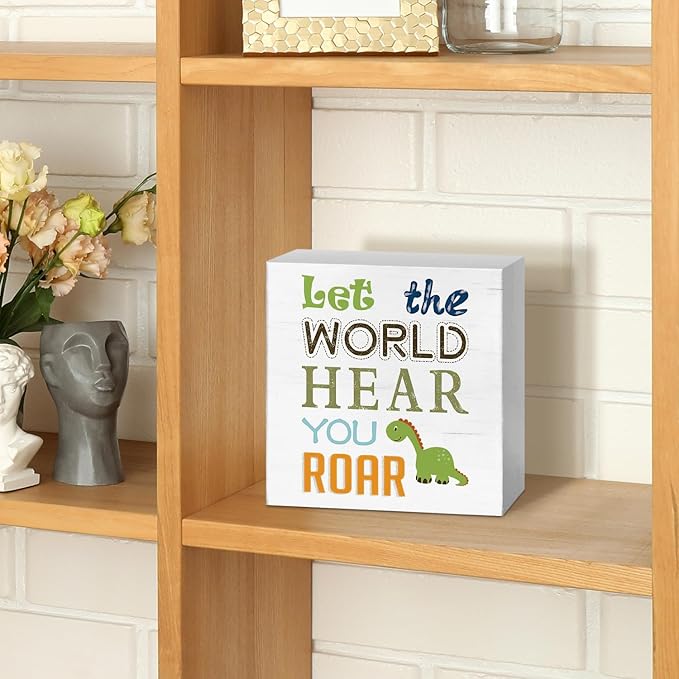 JXREQ Kids Room Decor, Funny Dinosaur Inspirational Quote Wood Box Sign, Rustic Dinosaur Desk Decor for Boys Girls Kids Bedroom Nursery Playroom Decor, 5x5 Inch
