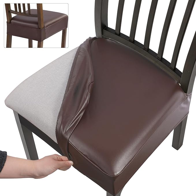 SearchI Waterproof PU Dining Chair Seat Covers Set of 6, Soft Removable Washable Seat Covers for Dining Chairs, Dining Room Seat Cover Slipcover Protector (Rear-Covered, PU Brown)