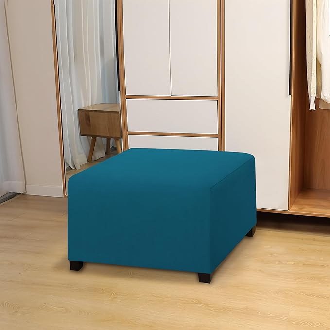 Easy-Going 100% Dual Waterproof Stretch Ottoman Cover 40x40x15inch Square Folding Storage Stool Furniture Protector Soft Slipcover for Living Room Peacock Blue