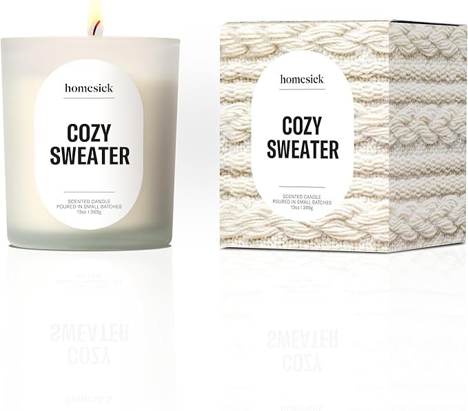 Homesick Cozy Sweater Candle – 13.75 oz Jar with Soy Wax Blend, Organic Cotton Wick, 60-80 Hour Burn – Warm Fall Fragrance, Reusable Glass Jar, Engagement Gifts for Couples, Wedding Gift