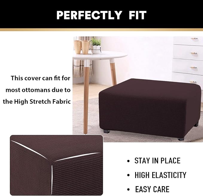 PrinceDeco Stretch Ottoman Cover Slipcovers Rectangle for Living Room Foot Stool Stretch Covers to Fit Ottoman Foot Rest, Thick Checked Jacquard Fabric with Elastic Bottom (Oversized Ottoman, Brown)