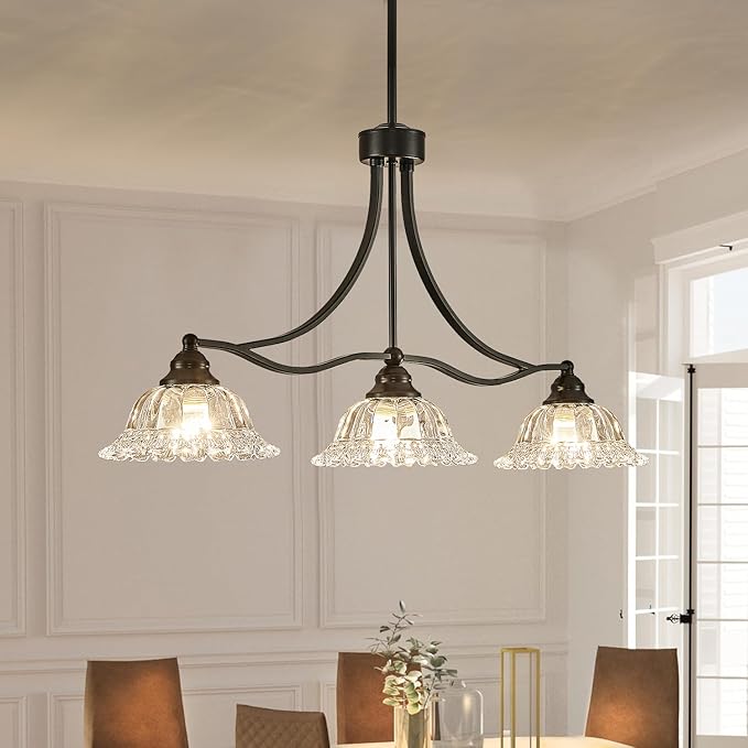 3-Light Vintage Pendant Light Fixtures for Dining Room,Black Kitchen Island Hanging Light with Flower Lampshade, Adjustable Height Ceiling Island Lamp for Kitchen Table Hallway