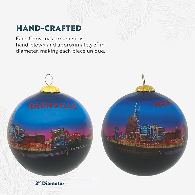 Hand Painted Christmas Ornament, Blown Glass, Hanging Tree Ornament, Holiday Decor, Nashville Tennessee, Skyline Night