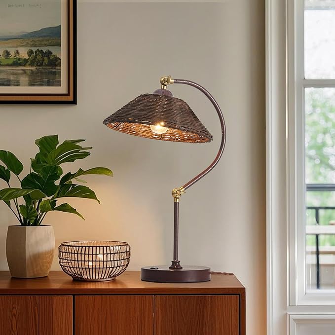 Woven Rattan Bedside Table Lamp Set of 2, Boho Plug in Handmade Rattan Shade & Anti-Rust Iron Base Desk Lamp, Plug & Play Vintage Dark Brown Nightstand Lamp for Living Room,Office【Bulb Included】
