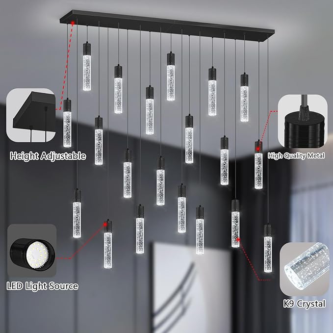 20-Lights Modern Crystal Rectangular Chandeliers LED Pendant Light for Kitchen Island High Ceiling Chandelier for Dining Room Entrance Foyer Living Room Black