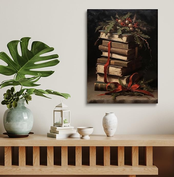 Victorian Christmas Book Stack Wall Art,Book Art,Christmas Still Life Print, Winter Print Oil Painting,Dark Academia,Moody Holiday Art,Christmas Decor For Library Reading Room16x24inch Unframed