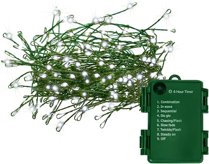 Battery Operated Christmas Lights, 10FT 100 Micro LEDs Fairy Lights with 8 Modes and Timer, Green Copper Wire for Indoor Outdoor Christmas Tree Wreath Garland Garden Party,Cool White