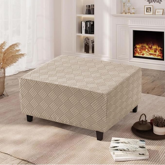 Square Ottoman Cover Large Stretch Storage Ottoman Bench Covers Slipcovers Cube Jacquard Covers for Square Ottomans Coffee Table Footrest Stool Cover with Elastic Bottom M Khaki