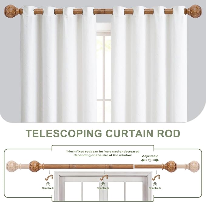 Wood Curtain Rods 66 to 120 Inch,1 Inch Adjustable Long Curtain Rod,Netted Wooden Window Curtain Rods,Farmhouse Rustic Heavy Duty Brown Wood Grain Decorative Drapery Rods 66-120"