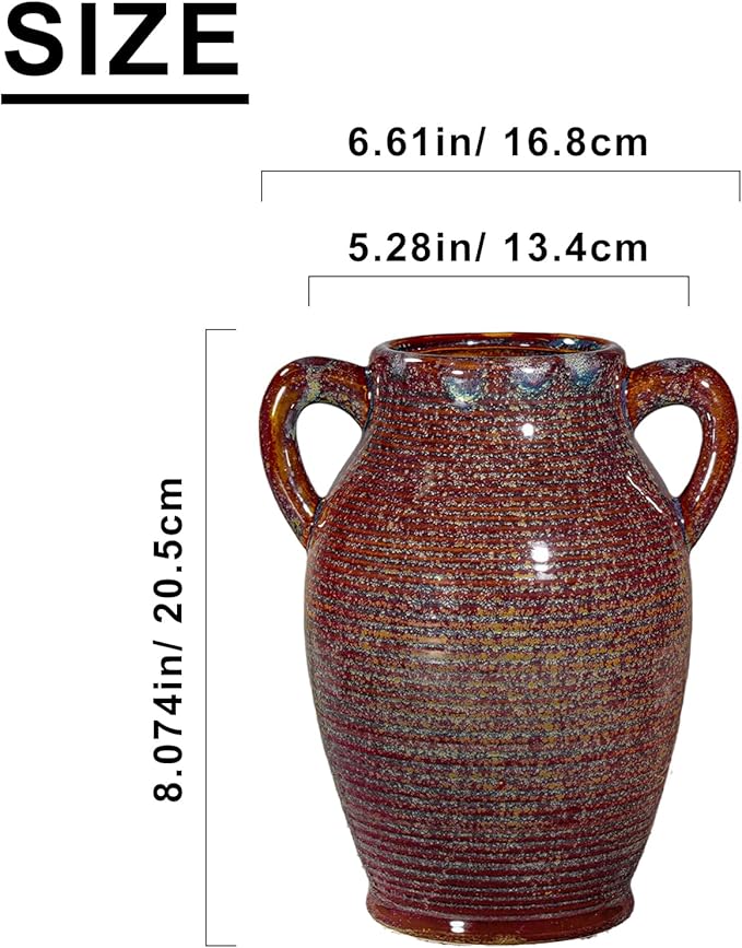 Sunddo Brown Ceramic Vase 8 Inch - Rustic Decorative Flower Vase with 2 Handles, Farmhouse Decor, Bedroom, Bathroom, Bookshelf, Mantel, Living Room Decor