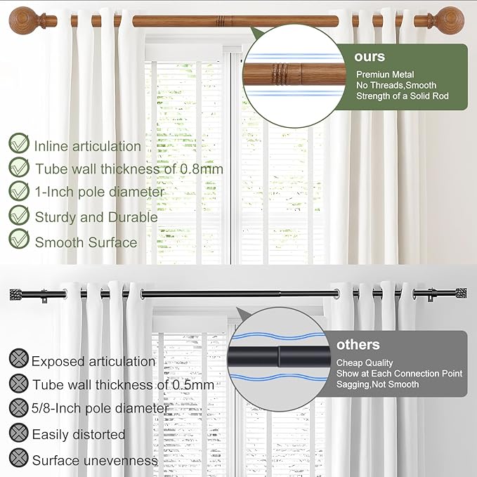 2 Pack Wood Curtain Rods for Windows 28 to 48 Inch,1 Inch Wood Grain Ball Adjustable Curtain Rod,Boho Heavy Duty Curtain Rods,Farmhouse Rustic Window Curtains Rods,Brown Drapery Rods Set 18-45"