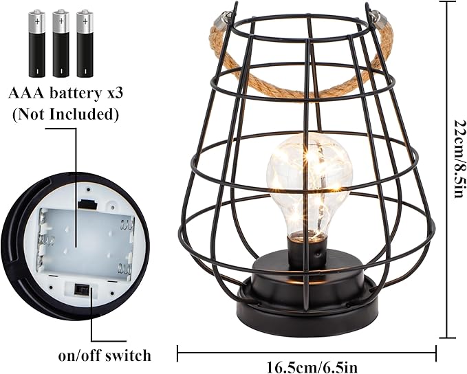 JHY DESIGN Set of 2 Cage Bulb Lantern Decorative Table Lamps 8.5" H Battery Powered Cordless Lights with Warm White Fairy Lights LED Edison Bulb Lamp for Living Room Bedroom Home Wedding(Black)